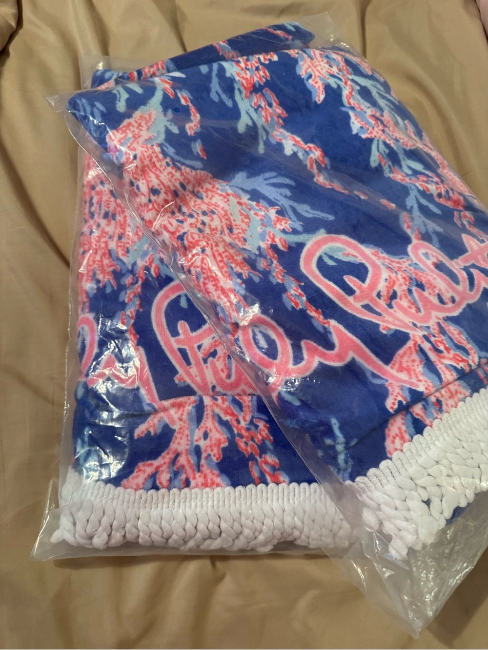 Lilly Pulitzer Blue Coral Pattern Beach Towel with White Fringe